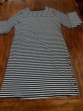 Coolibar UPF 50 Black and White Striped Dress with Side Buttons